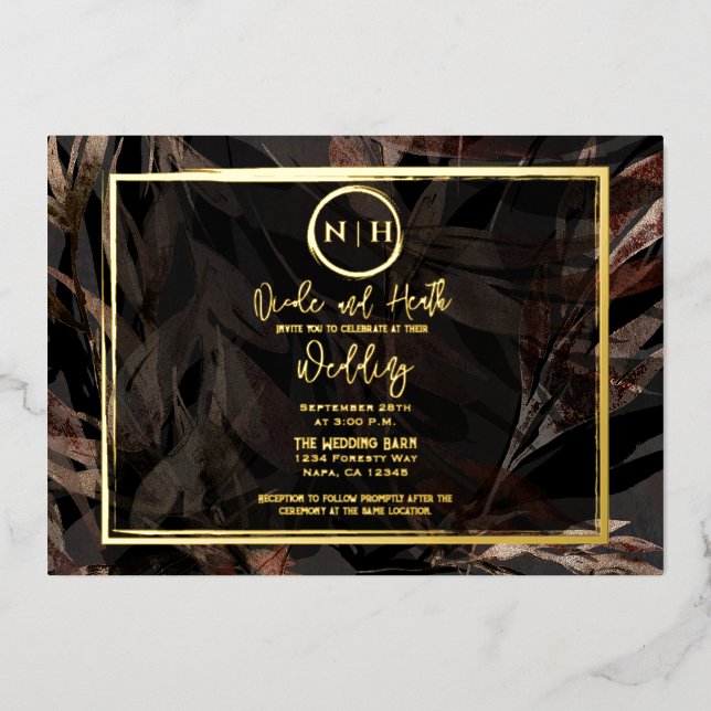 Dunkle Kupfer Brown Bronze Botanische Hochzeit Gol Folieneinladung (Vorderseite)