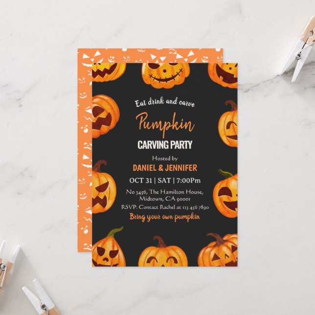 Dunkle Kürbisschnitzparty Halloween Jack OLantern Einladung (Vorderseite/Rückseite Beispiel)