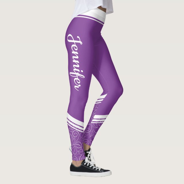 Dunkle Lavendel florale weiße Streifen und Name mo Leggings (Rechts)