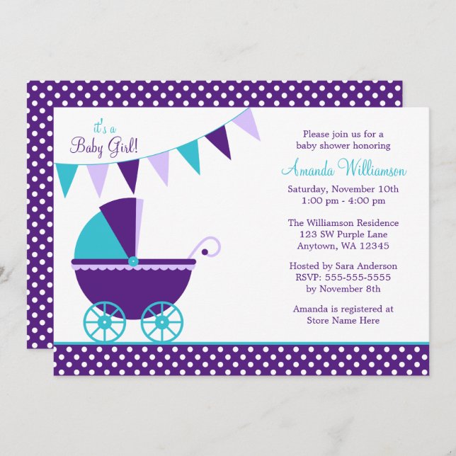 Dunkle Lila Aquamarine Babybringe-Dusche Einladung (Vorne/Hinten)