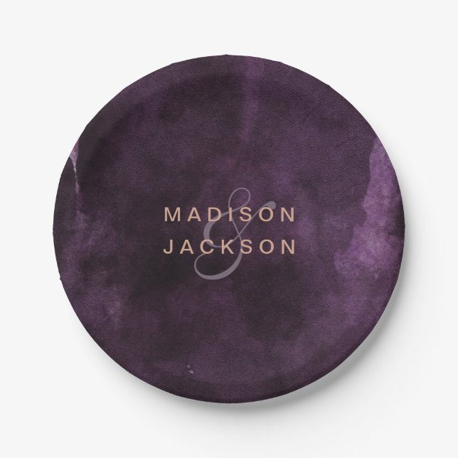 Dunkle Lila Aquarellfarben-Rose Gold Wedding Monog Pappteller (Vorderseite)