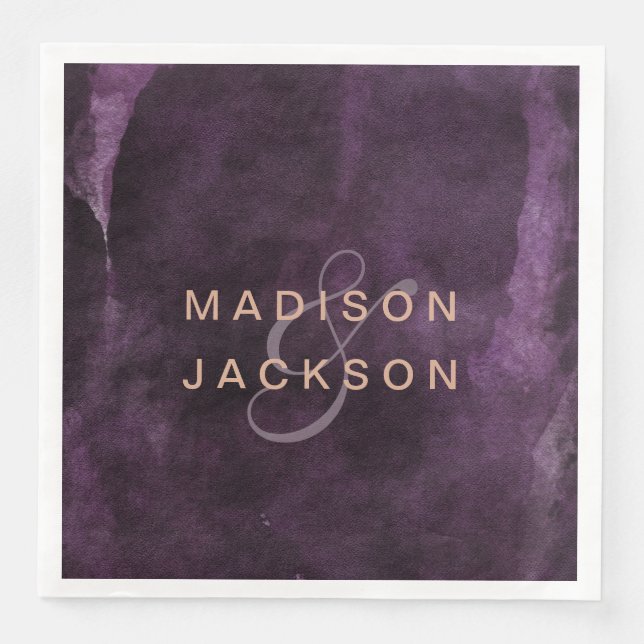 Dunkle Lila Aquarellfarben-Rose Gold Wedding Monog Serviette (Vorderseite)
