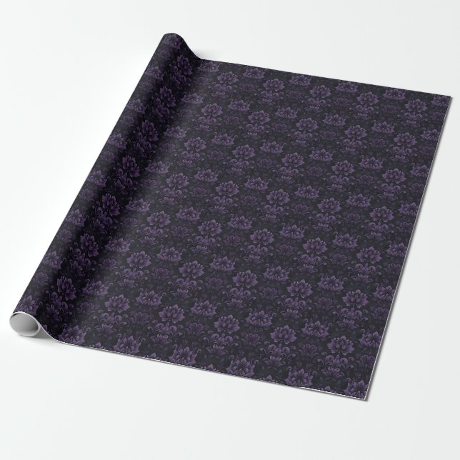 Dunkle Lila BlumenDamas auf Schwarz Geschenkpapier (Ungerollt)