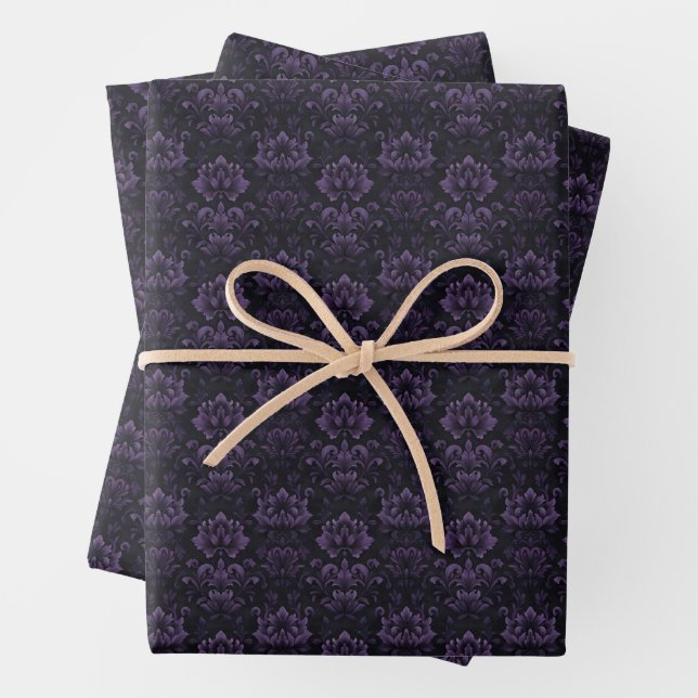 Dunkle Lila BlumenDamas auf Schwarz Geschenkpapier Set (Beispiel)