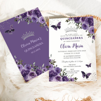 Dunkle Lila Blumenschmetterlinge Silver Quinceañer Einladung