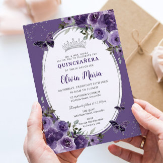 Dunkle Lila Blumenschmetterlinge Silver Quinceañer Einladung