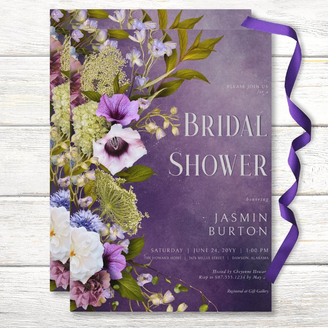 Dunkle Lila Blüten und dunkle Flora Modernes Braut Einladung (Dark Purple & Sage Floral Modern Bridal Shower Invitation)
