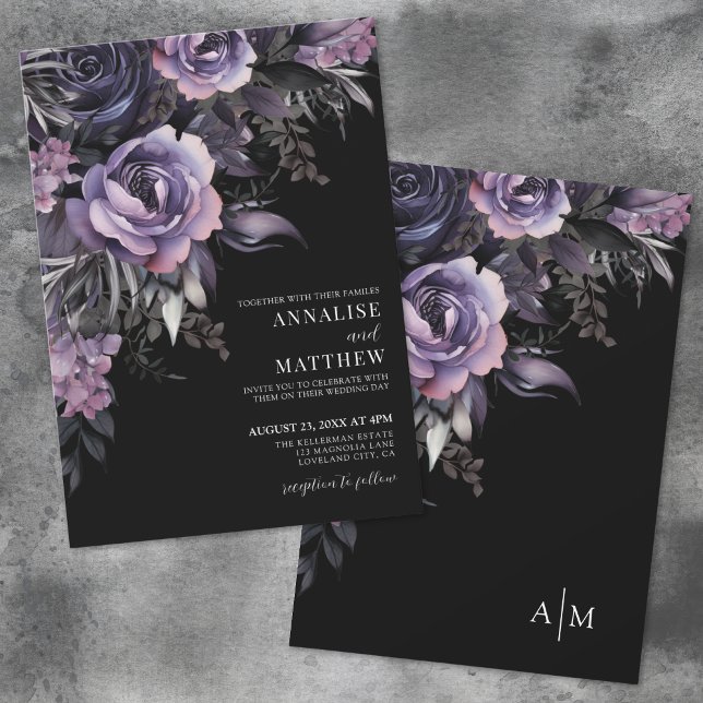 Dunkle Lila Blütenschwarz-Hochzeit Einladung (Dark Purple Floral Black Wedding Invitation)
