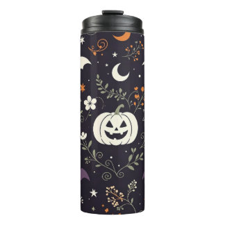 Dunkle lila florale Halloween-Kürbisse Thermosbecher