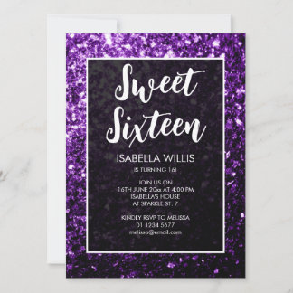 Dunkle lila Glitzern Sweet 16 elegante Schrift Einladung