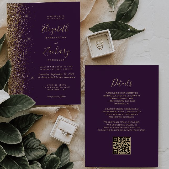 Dunkle Lila Gold Imitats Glitzer QR Code Hochzeit Einladung (Von Creator hochgeladen)