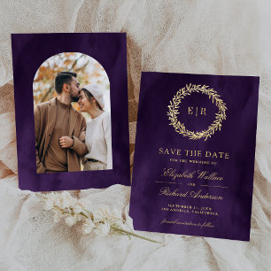 Dunkle Lila-Goldblatt-Zweig-Hochzeitsfoto Save The Date
