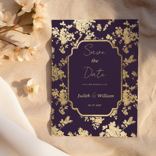 Dunkle Lila Goldflora im eleganten Stil Save the D Einladung