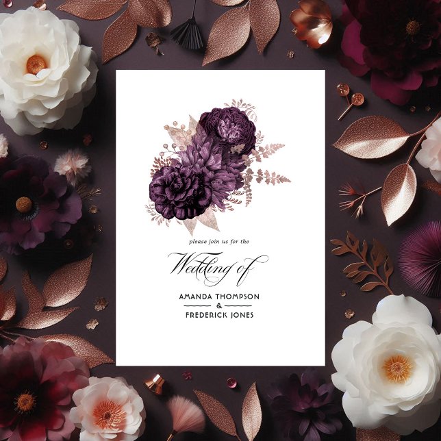 Dunkle Lila Hochzeit und Rose Dreifach Gefaltete Einladung (Dark Purple and Rose Gold Floral Wedding Tri-Fold Invitation)