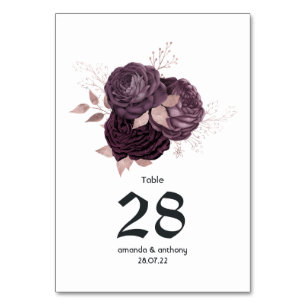 Dunkle Lila Hochzeit und Rose Tischnummer
