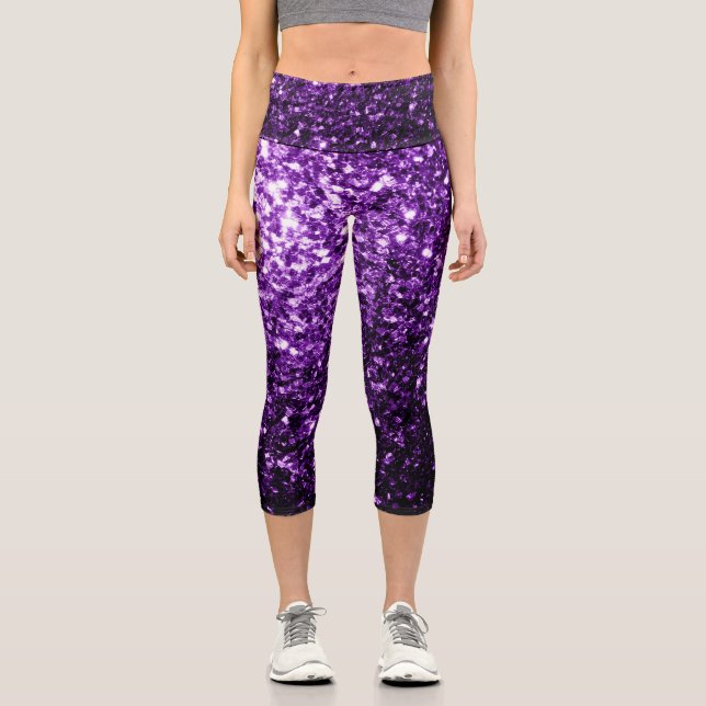Dunkle Lila Imitate glänzen Glitzer Glitzern Capri Leggings (Vorderseite)