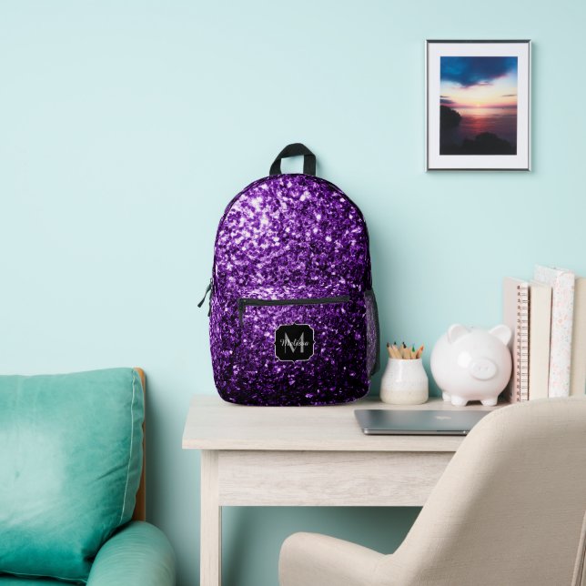 Dunkle lila Imitate Glitzer Glitzern Monogram Bedruckter Rucksack (InSitu)