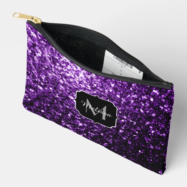Dunkle lila Imitate Glitzer Glitzern Monogram Zubehörtasche (Offen)