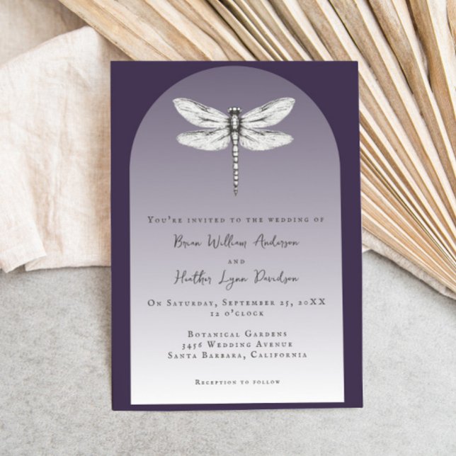 Dunkle Lila Libellenhochzeit Einladung (Dark Purple Dragonfly Wedding Invitation)