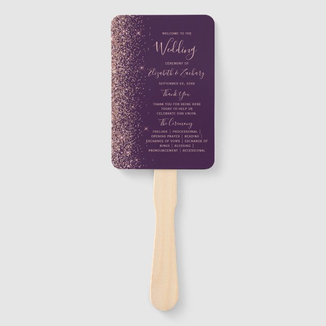 Dunkle Lila Rose Gold Glitzer Edge Wedding Program Fächer (Vorderseite)