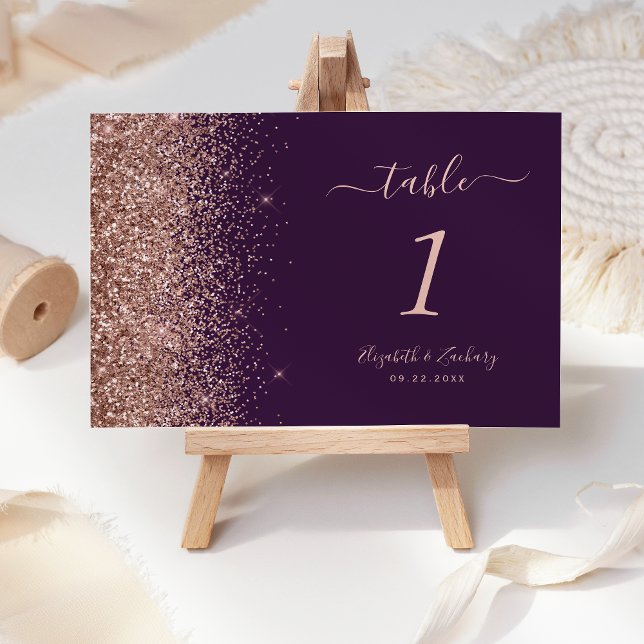 Dunkle Lila Rose Gold Glitzer Edge Wedding Tischnummer (Von Creator hochgeladen)