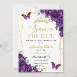Dunkle Lila Schmetterlinge Gold Quinceanera Sweet Save The Date