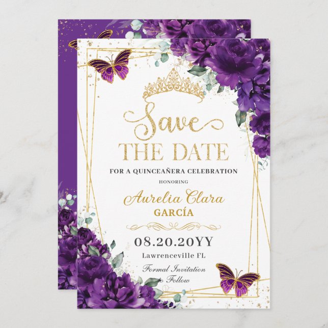 Dunkle Lila Schmetterlinge Gold Quinceanera Sweet  Save The Date (Vorne/Hinten)