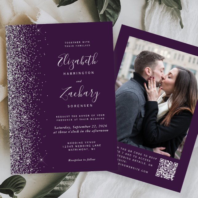 Dunkle Lila Silver Glitzer Foto QR Code Hochzeit Einladung (Von Creator hochgeladen)