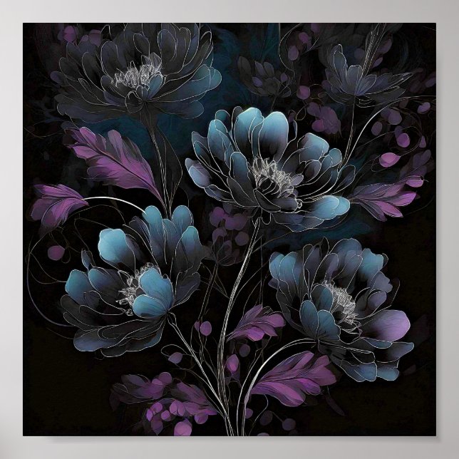 Dunkle lila und blaue Blumenkunst Poster (Vorne)