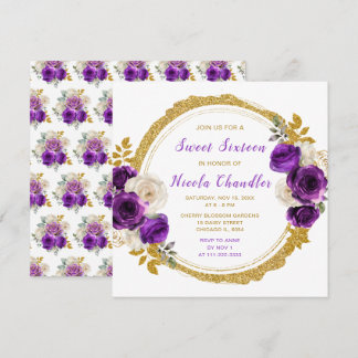 Dunkle Lila und Gold Elegante Blume 16 . Geburtsta Einladung