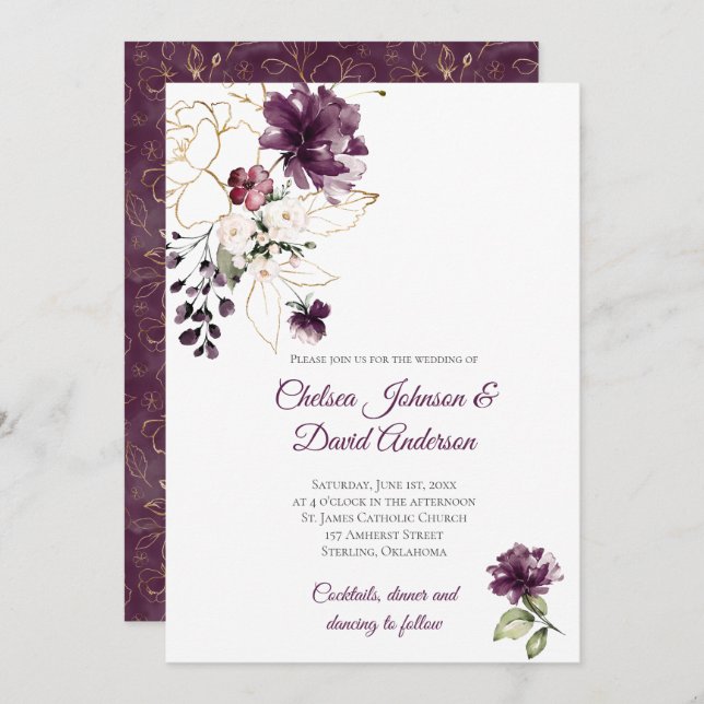 Dunkle Lila und goldblütige Winterhochzeit Einladung (Vorne/Hinten)