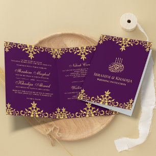 Dunkle Lila und goldene Foil Damask Islamische Hoc Einladung