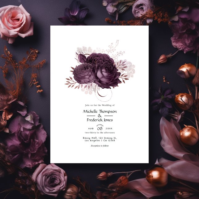 Dunkle Lila und Rose Gold Floral Wedding QR Code Einladung (Von Creator hochgeladen)