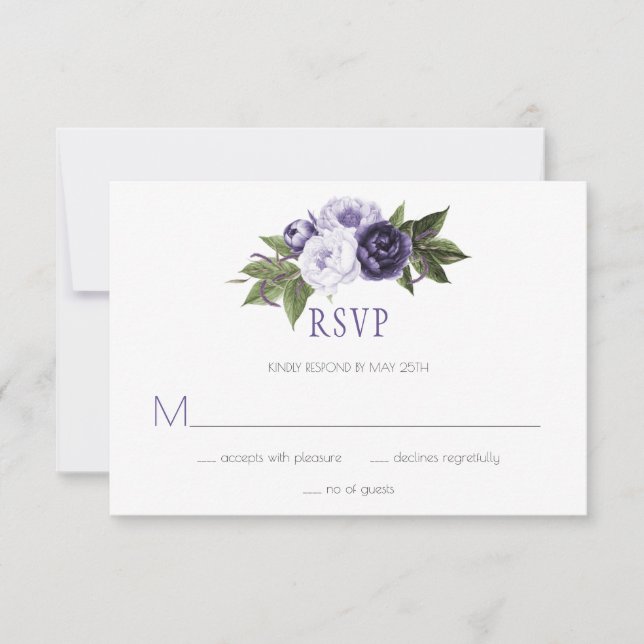 Dunkle Lila und violette Peonies Wedding RSVP | (Vorderseite)