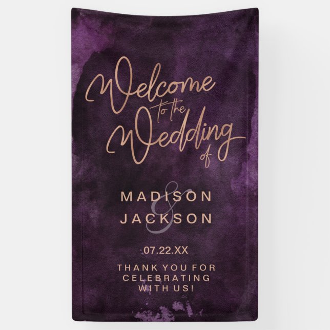 Dunkle Lila Wasserfarbe & Rose Goldene Hochzeit Wi Banner (Vertikal)