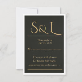 Dunkle Luxus Gold Monogramm Hochzeit RSVP Karte