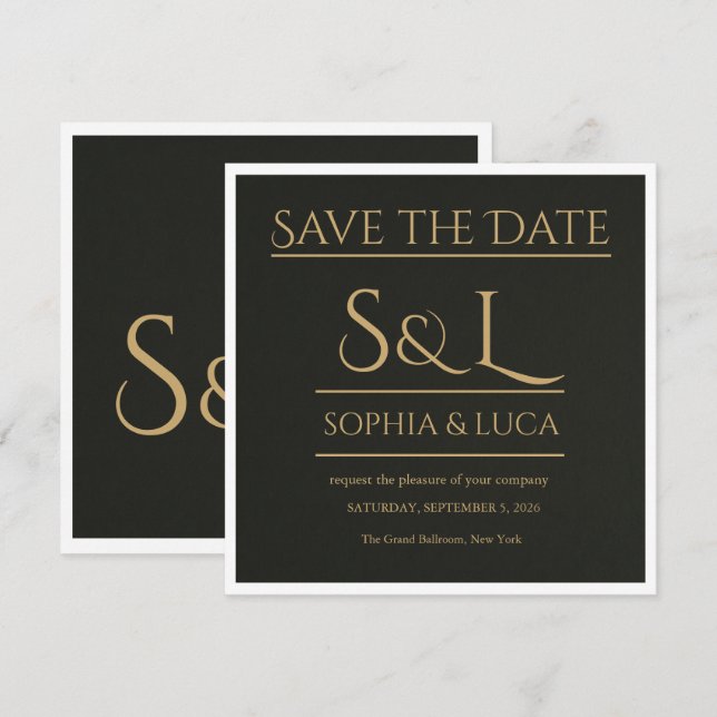 Dunkle Luxus-Monogramm-Karte zur Vorabankündigung  Save The Date (Vorne/Hinten)