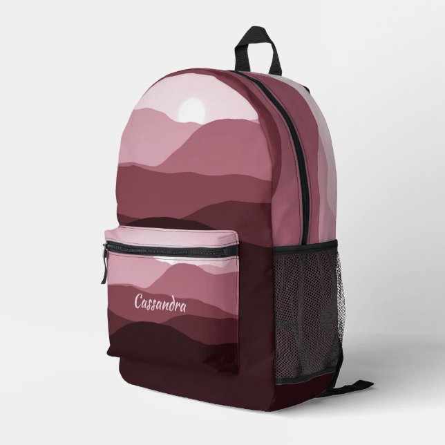 Dunkle Mauve Light Pink Maroon Red Waves Muster Bedruckter Rucksack (Rückseitige Ecke Rechts)