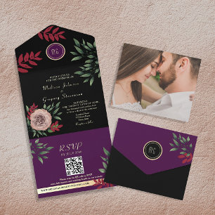Dunkle, melancholische, florale, elegante schwarze all in one einladung