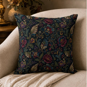 Dunkle, melancholische, florale, vintage Crewel-Bo Kissen