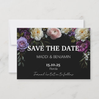Dunkle, melancholische lila Blumen Hochzeitseinlad RSVP Karte