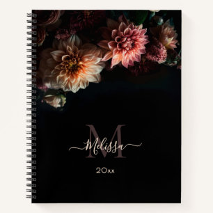 Dunkle, melancholische, rosafarbene Blumen Monogra Notizbuch