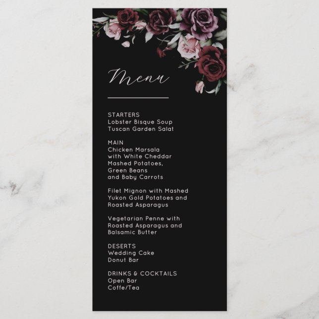 Dunkle melancholische Rosen Hochzeit Menükarte (Vorderseite)
