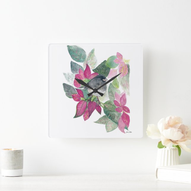 Dunkle Mit Augen Junco Bird Wasserfarbe Kunst Quadratische Wanduhr (Zuhause)