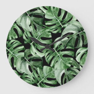 Dunkle Monstera: Tropische Aquarellbilder. Große Wanduhr