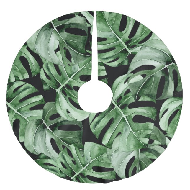 Dunkle Monstera: Tropische Aquarellbilder. Polyester Weihnachtsbaumdecke (Vorderseite)