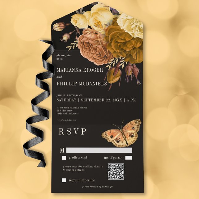 Dunkle Moody Black Herbst Floral QR Code All In One Einladung (Dark Moody Black Autumn Floral QR Code All In One Invitation)