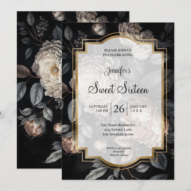 Dunkle Moody Blumen Sweet 16 Einladung (Vorne/Hinten)