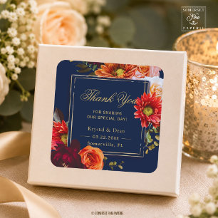 Dunkle Moody Burgunder Orange Marine Blumenhochzei Quadratischer Aufkleber