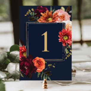 Dunkle Moody Burgunder Orange Navy Blumenhochzeit Tischnummer